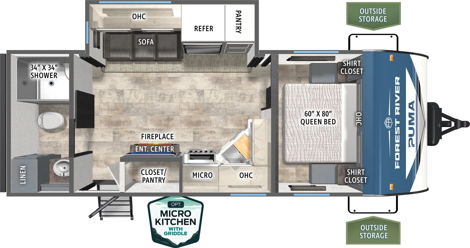 The Puma 229RB floorplan has one entry and one slide out. Exterior features include: metal exterior, 18' awning and outside kitchen. Interiors features include: front bedroom and rear bathroom.